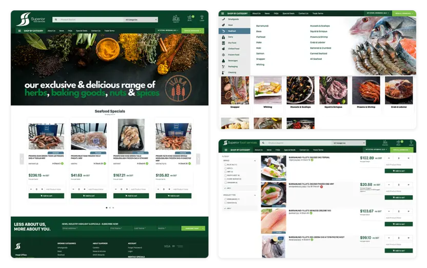 Graphical examples of my UI/UX design work on the Superior Food Services website