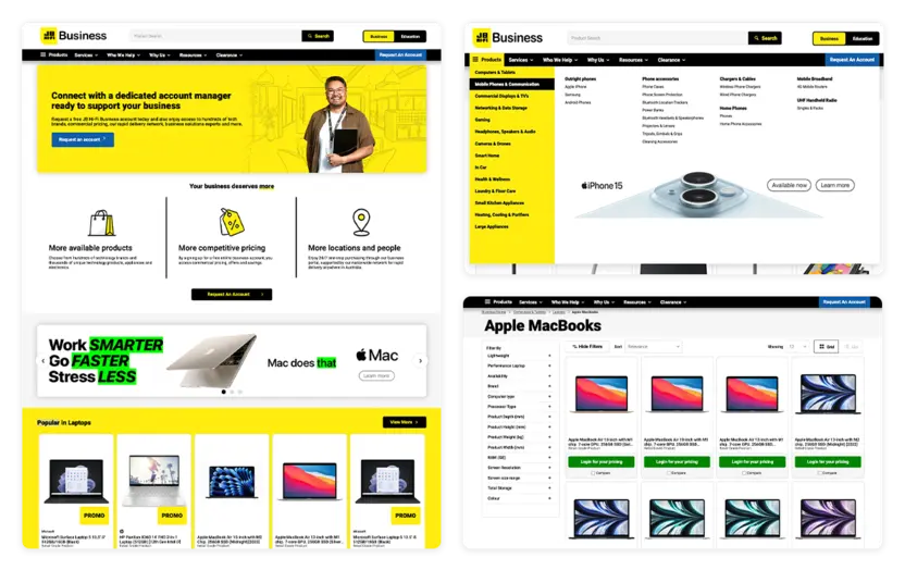 Graphical examples of my UI/UX design work on the JB Hi-Fi Solutions website