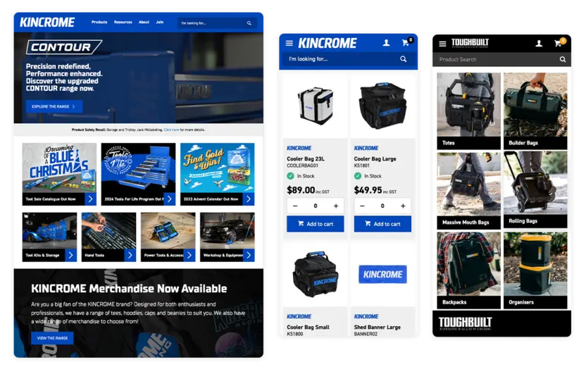 Graphical examples of my UI/UX design work on the Kincrome website