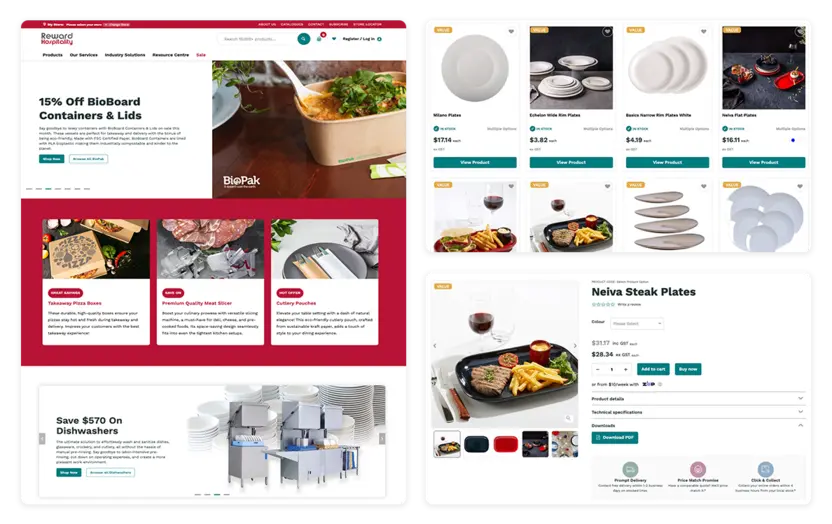 Graphical examples of my UI/UX design work on the Reward Hospitality website