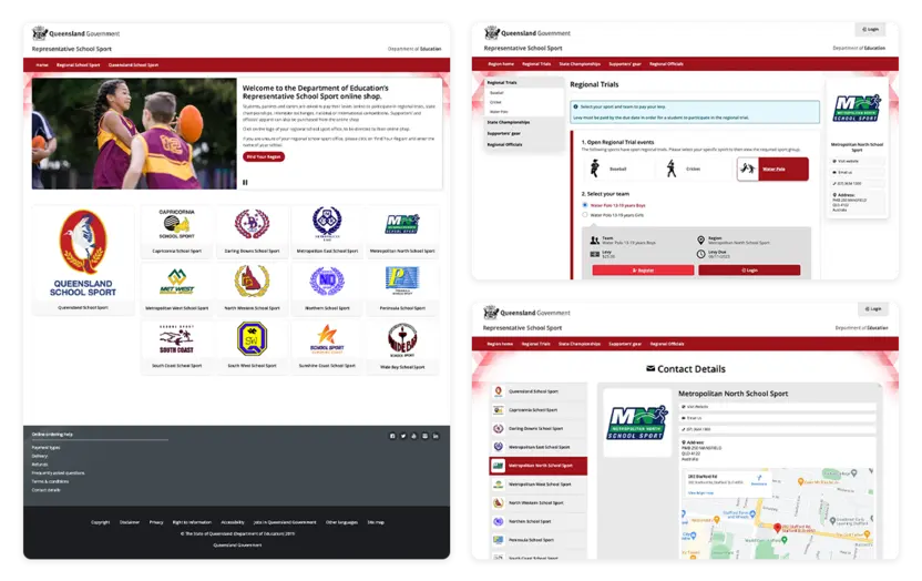 Graphical examples of my UI/UX design work on the Department of Education - Representative School Sport website